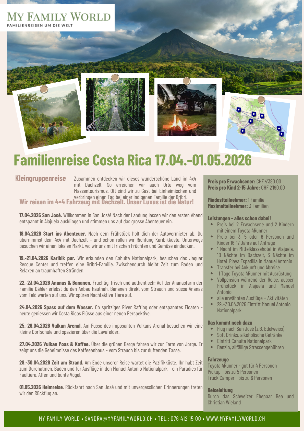 Vorschau des Original-PDFs zur Familienreise Costa Rica mit Reiseverlauf, Leistungen und Reisetermin 17. April bis 1. Mai 2026